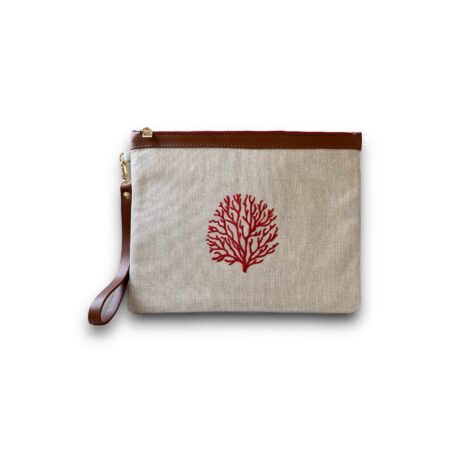 MARINE Mercan nakış işlemeli ham keten clutch